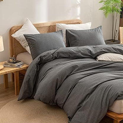 BESTOUCH Cotton Solid Duvet Cover Set Linen Feel Dark Grey Super Queen