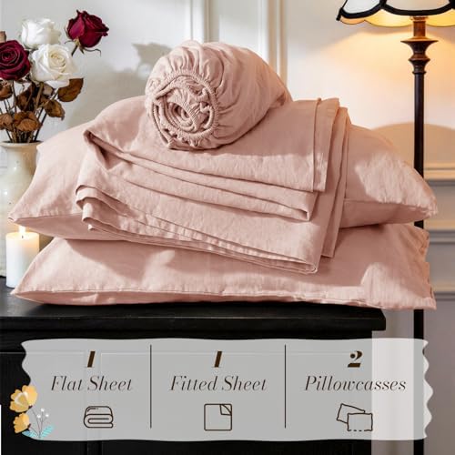 SONORO KATE 100% French Linen Queen Size Sheets Set,Natural Flax Bedding