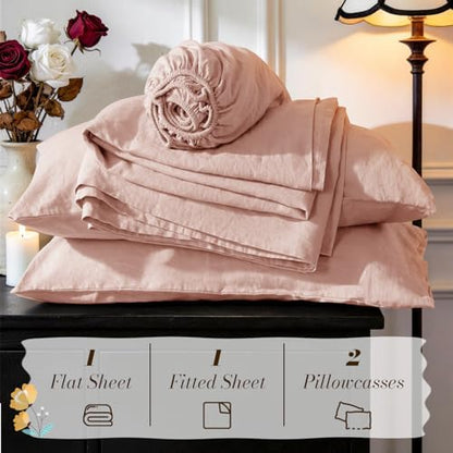 SONORO KATE 100% French Linen Queen Size Sheets Set,Natural Flax Bedding