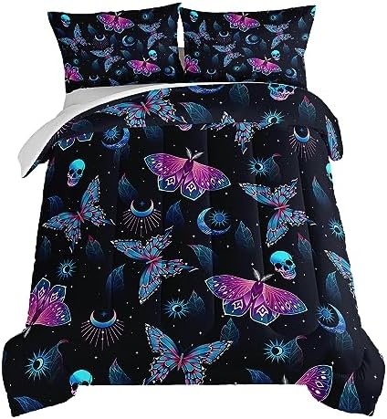 HOSIMA Halloween Twin Comforter Skull Butterfly Bed Set,Goth Bedding Set Black Comforter Twin Bed in a Bag Sets for Adults Boys Girls Halloween Room Decor Dark Academia Bedding.