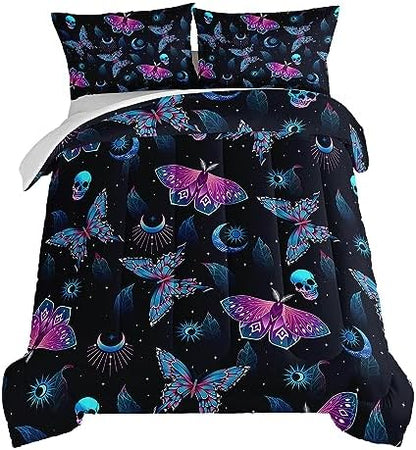 HOSIMA Halloween King Size Comforter Set,Goth Bedding Set Black Comforter Skull Butterfly Bed in a Bag King Size for Adults Boys Girls Halloween Room Decor Dark Academia Bedding.