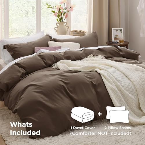 Bedsure Prewashed Duvet Cover King, Cotton-Like Bedding Set, Dark Brown