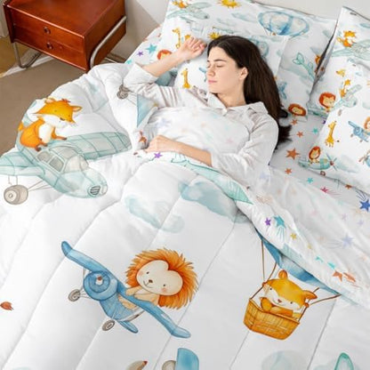 Erosebridal Cute Airplane Comforter Set with Sheets King Size, Cartoon Aircraft 7 Pcs Bedding Set, Lovely Lion Giraffe Hamster Wildlife Bed in A Bag, White Cloud Bed Sets for Boys Kids Girls Adults