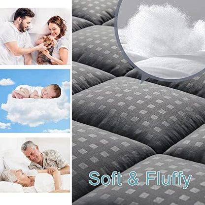 HYLEORY California King Mattress Pad Quilted Fitted Mattress Protector Cooling Pillow Top Mattress Cover Breathable Fluffy Soft Mattress Topper with 8-21" Deep Pocket, Dark Grey