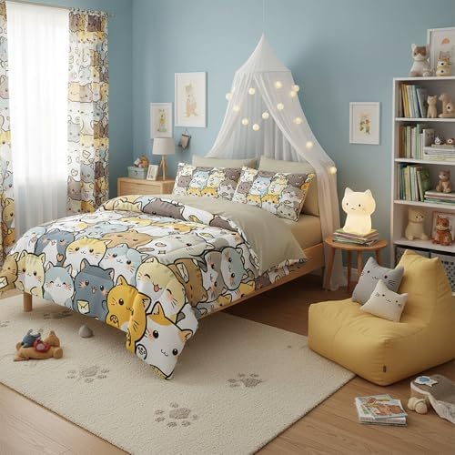 QOOMO Kawaii Cats 7 Pieces Comforter Set Queen Size,Cute Cats Bedding Set