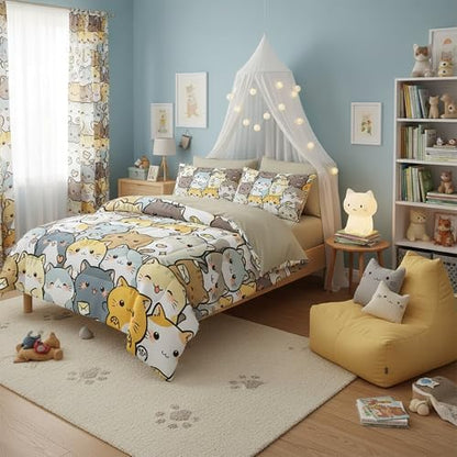 QOOMO Kawaii Cats 7 Pieces Comforter Set Queen Size,Cute Cats Bedding Set