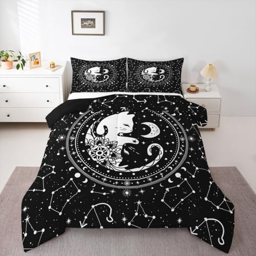 Black White Cat Comforter Set Queen,Gothic Star Sky Moon Constellation Bedding Set 3pcs for Kids Teens Boy Girls Room Decor,Animals Flower Plants Quilt Set Exotic Gothic Duvet Insert,2 Pillowcases