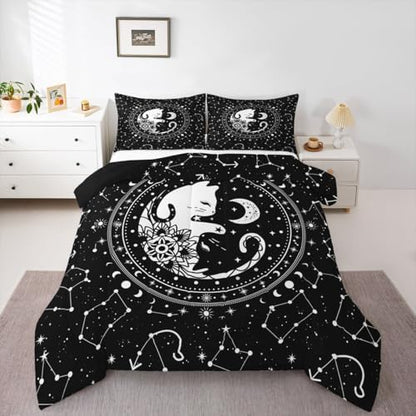 Black White Cat Comforter Set Queen,Gothic Star Sky Moon Constellation Bedding Set 3pcs for Kids Teens Boy Girls Room Decor,Animals Flower Plants Quilt Set Exotic Gothic Duvet Insert,2 Pillowcases