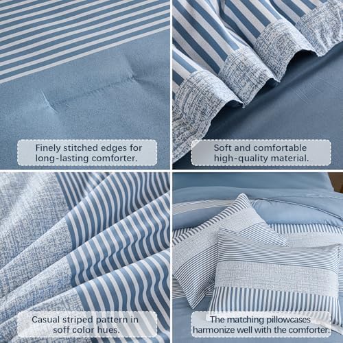 Blue Comforter Set Queen Size,Classic Striped Comforters for Boys & Girls
