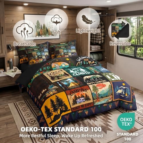 Erosebridal 7 Piece Camper King Comforter Set Happy Camping Bedding Set with Sheets for Camper Decor, RV Bedding Sets for Kids Boys Girls Rustic Patchwork Quilt Bed Sets for Travel Trailer