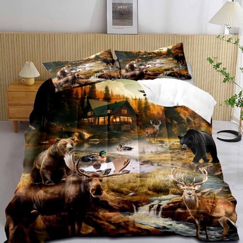 LUVIVIHOME 2PCS Black Bear Moose Elk Deer Comforter Set Twin Size, Rustic Cabin Bedding, Mallard Duck Forest Animal Wildlife Hunting Hunter Country Lodge Rustic Farmhouse Bedroom Decor, 1 Pillow Sham