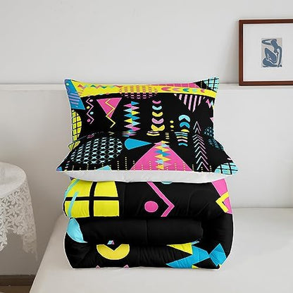 Manfei Memphis Comforter Set Twin Size, Retro 80s 90s Fashion Style Bedding Set 2pcs for Kids Boys Girls, Colorful Geometric Abstract Quilt Set Soft Polyester Duvet Set with 1 Pillowcase