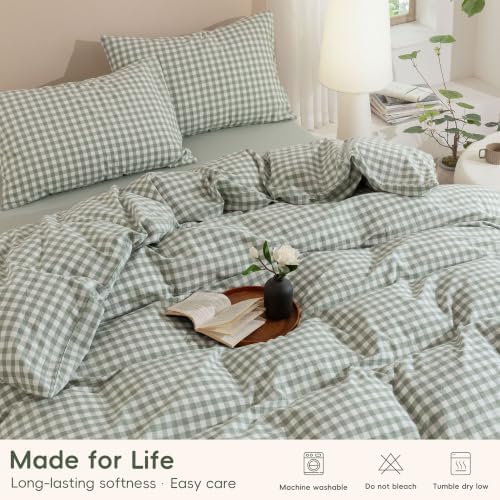 JIYUAN California King Washed Cotton Duvet Cover Set,Classic Gingham