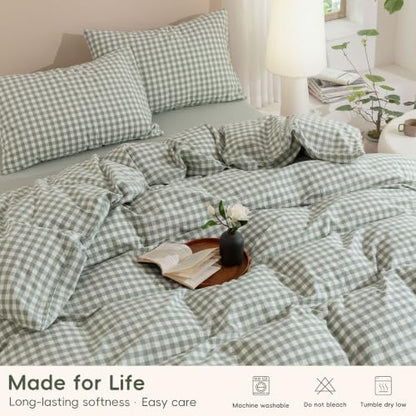 JIYUAN California King Washed Cotton Duvet Cover Set,Classic Gingham