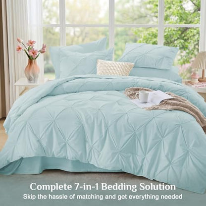 JOLLYVOGUE Oversized King Size Comforter Set 7 Pieces - Bed in a Bag Oversized King for All Season, Pintuck Bedding Sets with Comforter, Flat Sheet, Fitted Sheet and Pillowcases & Shams, Light Blue