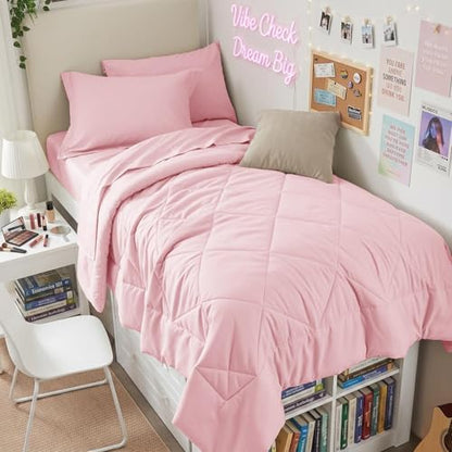 HEVUMYI 5-Piece Twin Comforter Set, Pink Bed in a Bag