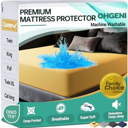 OhGeni Waterproof Mattress Protector, Queen Size Mattress Pad Fitted with Deep Pocket 6"-18", Breathable Soft, Washable DirtProof Mattress Cover, Yellow, More Than 99 pcs fibers, Daybed Cover