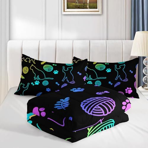 Axolotl Neon Cat Bedding Comforter Set King,Cartoon Cats Bedding Paw Ball of Yarn,Colorful Gradient Line Cats Kids Bed Set for Cat Lover Girls Boys Adults,Cartoon Animal Comforter with 2 Pillow Cases