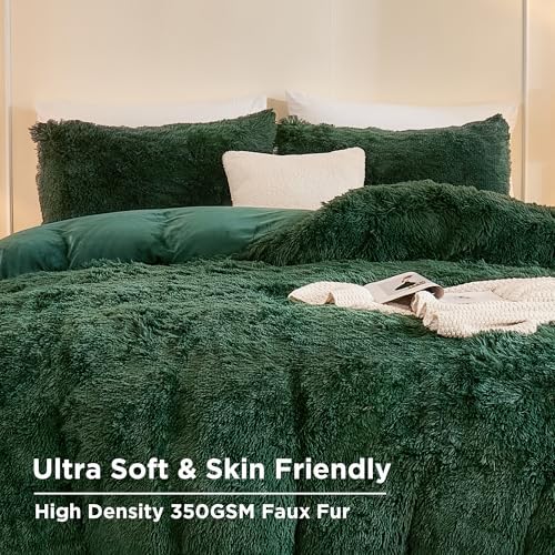 Andency Dark Emerald Green Twin Comforter Set, Fluffy Faux Fur Warm Bed Set