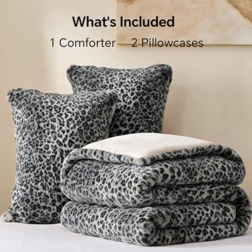 BEDELITE Faux Fur Queen Comforter Set Grey Cheetah,Thick & Warm Comforter