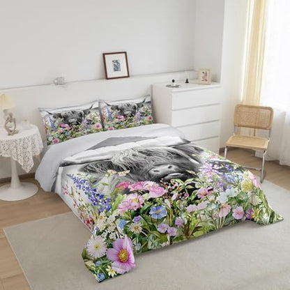 Highland Cow Comforter Set King Size,Colorful Flowers Leaves Bedding Set 3pcs for Kids Teens Adults Room Decor,Rustic Farmhouse Animals Plants Quilt Set Cowhide Vintage Duvet Insert,2 Pillowcases