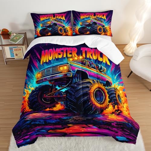Kids Cartoon Truck Comforter Set King Size with 2 Pillowcases.