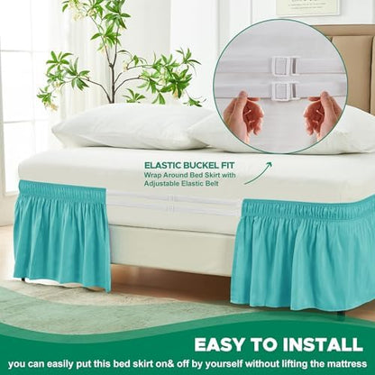 Wrap Around Bed Skirt Full Size Beds 14 Inch Drop-Elastic Dust Ruffle Aqua