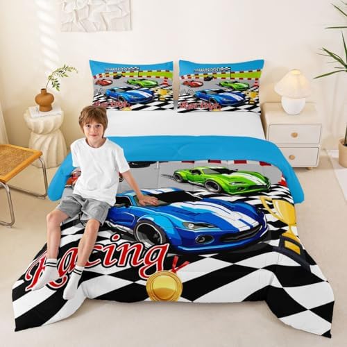 Feelyou Speed Sports Car Bedding Set Soft for Boys Girls, Steering Wheel Comforter Set King Size Racing Duvet Quilt Microfiber Extreme Sports Bedroom Decor Automobile 3 Pcs with 2 Pillow Cases