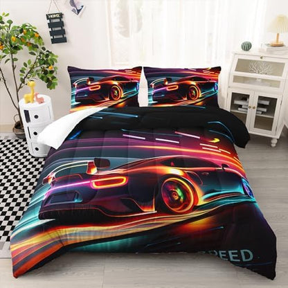 AILONEN 3D Race Car Comforter Set - Twin Size, Modern Sports Theme Bedding Set, 1 Fitted Sheet, 2 Pillowcases