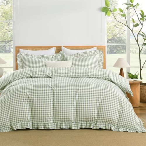 Andency Sage Gingham Duvet Cover King, Ruffle Shabby Chic Bedding Set 3 Pcs