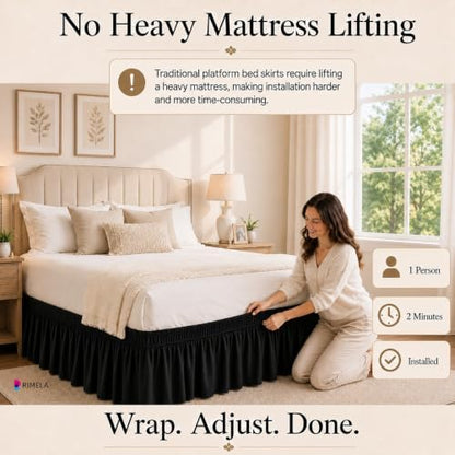 Black Bed Skirt Queen Size 12 Inch Drop, Elastic Wrap Around Bedskirt