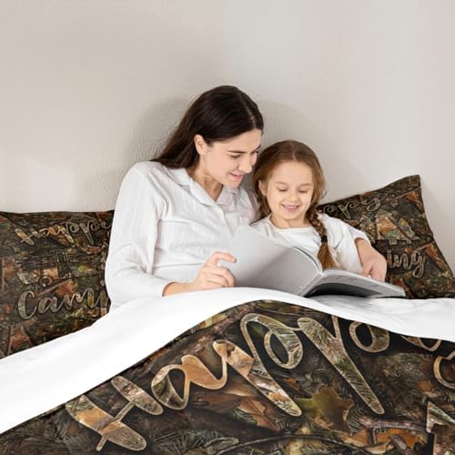 Manfei Camo Camping Kids Comforter Set Full Size,Camper Travel Bedding Set,Rustic Dead Branch Down Comforter,Brown Farmhouse Duvet Insert,3pcs,2 Pillowcases,Adults Home Bedroom/RV Trailer Decor