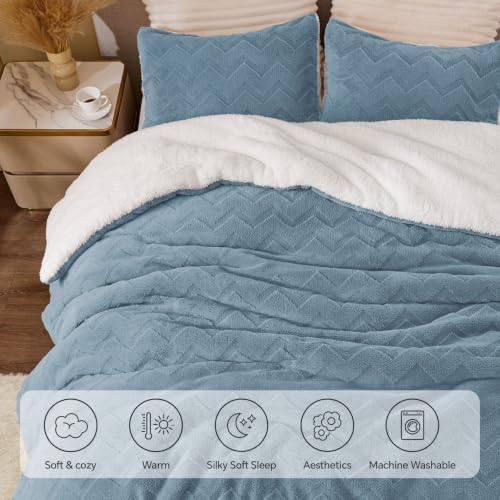 BEDELITE Fluffy Sherpa Queen Comforter Set,Blue Fog