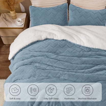 BEDELITE Fluffy Sherpa Queen Comforter Set,Blue Fog