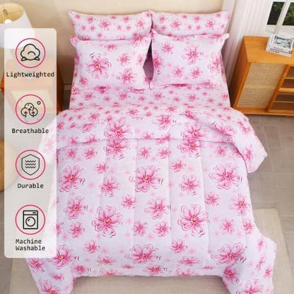 lasoftan Floral Queen Comforter Set with Sheets, 7 piece Luxury Vintage Bedding, Soft Microfiber Bed in a Bag, Cozy Lightweight Bed Set, Pink Floral