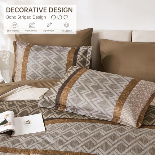 Cottolester Boho Queen Comforter Set,Khaki and Brown Striped Bed in a Bag