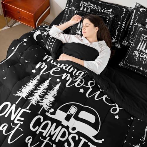 Erosebridal 7 Pieces Camper Decor Bed Sets Full Happy Camping Comforter and Sheets - Rustic Farmhouse Bed in A Bag for Kids Teens Adult, Starry Sky Comforter Camper Car Bedding Sheet Set Pillowcase