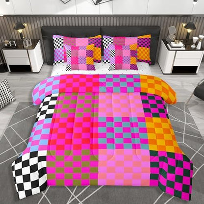 jejeloiu Colorful Plaid Comforter Set with Sheets 7 Piece Queen Size