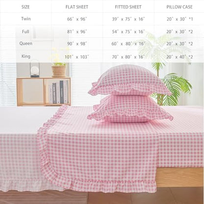 Gingham King Sheet Set, Lightweight Super Soft Brushed Microfiber Plaid Bed Sheets with 16" Deep Pocket, 4 Piece Ruffle Farmhouse Bedroom Decor, Pink