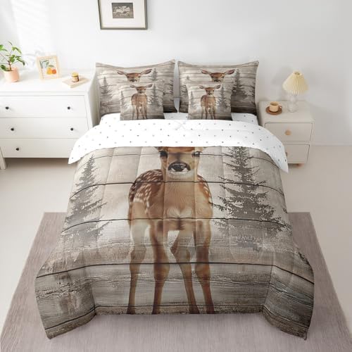 Erosebridal Rustic Elk Deer 7 Piece Bedding Set Queen Jungle Wildlife Sika Deer Comforter Set Vintage Wooden Board Bed in a Bag Watercolor Forest Sheet Set with Comforter Pine Tree Home Decor