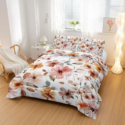 Nttopship Pink Yellow Floral Comforter Bedding Set with 2 Pillowcase King Size Flower Comforter Set for Kids Boys Girls Bedroom Decor