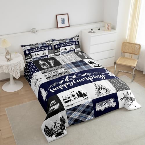Castle Fairy Happy Camping Comforter Set Twin Size,RV Camper Adventure Tent Patchwork Bedding Set for Kids Boys Men,Farm Lake Cabin Arrow Hunt Blue Check Quilted Duvet Set with 1 Pillowcase
