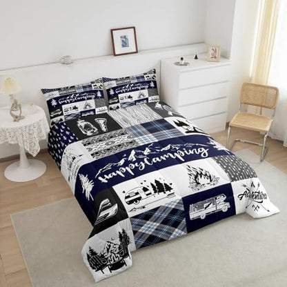 Castle Fairy Happy Camping Comforter Set Twin Size,RV Camper Adventure Tent Patchwork Bedding Set for Kids Boys Men,Farm Lake Cabin Arrow Hunt Blue Check Quilted Duvet Set with 1 Pillowcase
