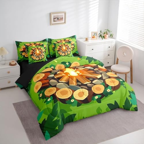 Erosebridal Campfire 7 Piece Queen Comforter Set Forest Tree Stump Comforter Set Happy Camping Camper Bedding Sets for Kids Boys Girls Woodland Campsite Summer Adventure Sheet Set with Comforter