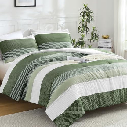 Litanika Olive Green King Size Comforter Set - 3 Pieces Stripe Bed Set