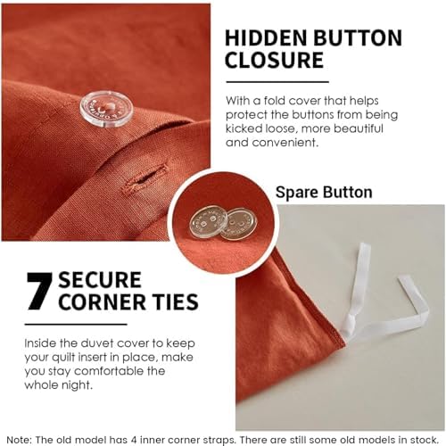 Simple&Opulence 100% Linen Duvet Cover Set 3pcs Basic Style Natural French Washed Flax Solid Color Soft Breathable Farmhouse Bedding with Button Closure - Brick Red, King