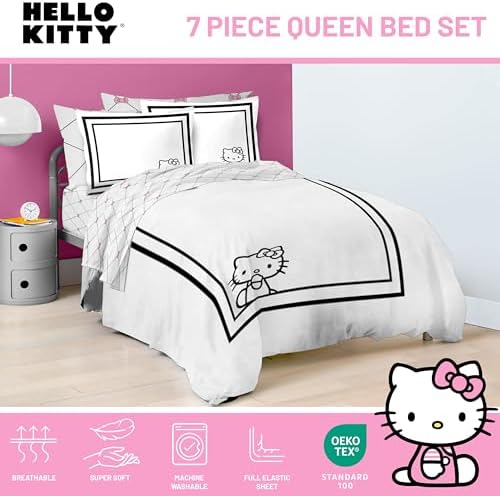 Sanrio Hello Kitty Queen Comforter Set 7 Piece Bedding for Girls, White