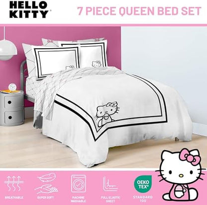 Sanrio Hello Kitty Queen Comforter Set 7 Piece Bedding for Girls, White