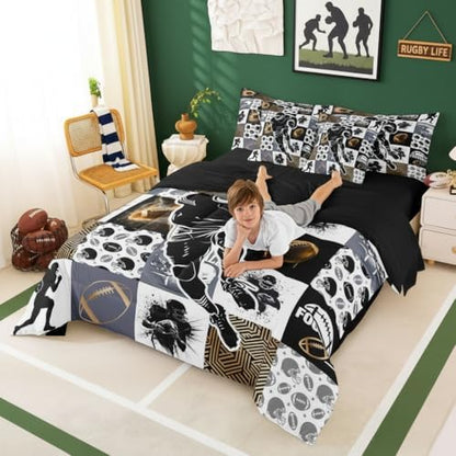 Erosebridal Football Sports Full Bedding Set - Geometric Patchwork Bed in a Bag,Rugby Comforter Sets with Sheets, 3D Ball Game 7 Pieces Bed Set Bedroom Decor