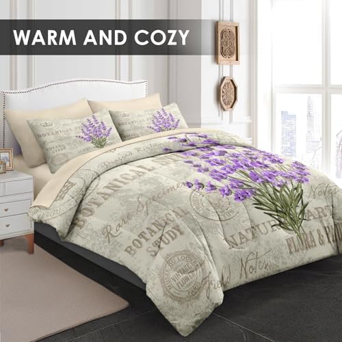 Pamnest Queen Comforter Set with Sheets, 7 Pieces Lavender Flower Bedding